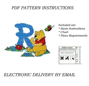 Lettres de l'alphabet Disney Winnie l'ourson, échantillon de point de croix compté, instructions PDF, 1998 points de créateur, A5 - A30, lettres bleues personnalisées