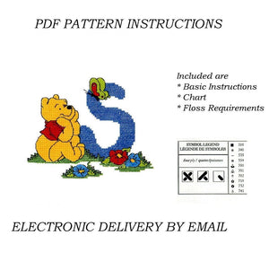 Lettres de l'alphabet Disney Winnie l'ourson, échantillon de point de croix compté, instructions PDF, 1998 points de créateur, A5 - A30, lettres bleues personnalisées