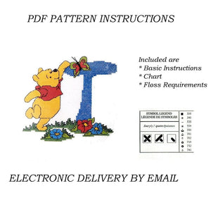 Lettres de l'alphabet Disney Winnie l'ourson, échantillon de point de croix compté, instructions PDF, 1998 points de créateur, A5 - A30, lettres bleues personnalisées