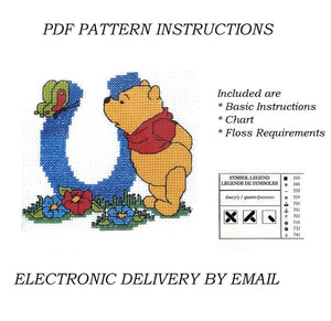 Disney Winnie The Pooh Alphabet Letters Counted Cross Stitch Sampler PDF Pattern Chart Instructions 1998 Designer Stitches A5 - A30 Personalized Blue Letters