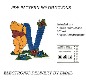 Disney Winnie The Pooh Alphabet Letters Counted Cross Stitch Sampler PDF Pattern Chart Instructions 1998 Designer Stitches A5 - A30 Personalized Blue Letters