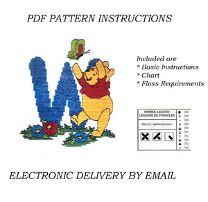 Lettres de l'alphabet Disney Winnie l'ourson, échantillon de point de croix compté, instructions PDF, 1998 points de créateur, A5 - A30, lettres bleues personnalisées