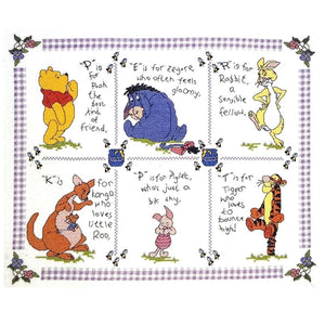 Vintage New Rare Disney Winnie l'ourson Bear Sampler Counted Cross Stitch Chart PDF Pattern Instruction Designer Stitches / Janlynn Seven Characters Porcinet, Bourriquet, Tigrou, Lapin, Kangourou