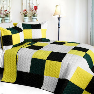 Black White Yellow Green Block Patchwork Boys Bedding Full/Queen Quilt Set Teen Modern Bedspread