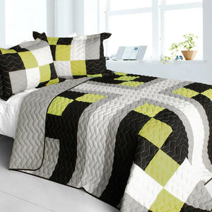 Grey White Black Olive Green Striped Block Patchwork Boys Bedding Full/Queen Quilt Set Teen Modern Bedspread