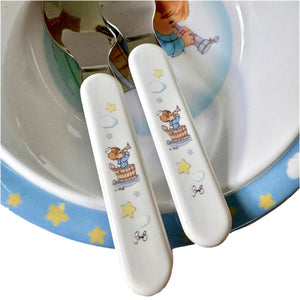 Precious Moments Boy & Girl Mealtime Feeding Gift Set - Child 4 Piece Pink or Blue Plate Bowl Spoon Fork Baby Shower Gift