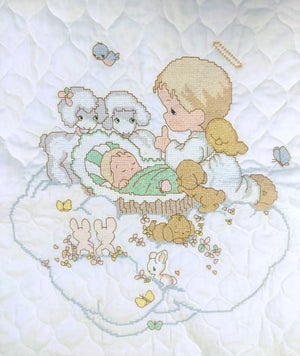 Precious Moments Counted Cross Stitch Quilt Kit or PDF Pattern Chart Instructions Keepsake Nursery Crib Blanket 34" x 43" Baby's Arrival - Praying Angel Cradle Animals