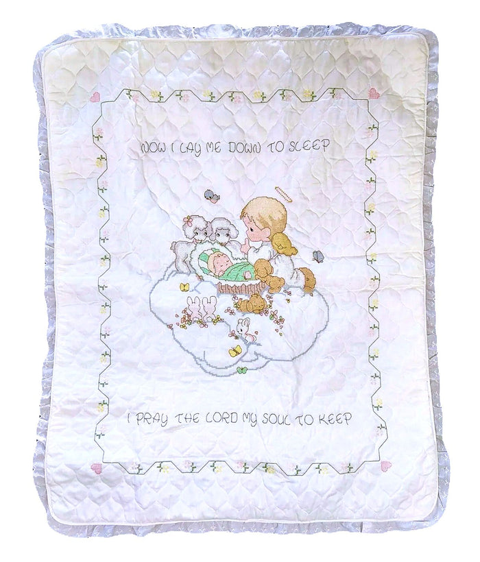 Precious Moments Stamped Cross Stitch Quilt Kit or PDF Pattern Chart Instructions Keepsake Nursery Crib Blanket 34" x 43" Baby's Arrival - Praying Angel Cradle Animals