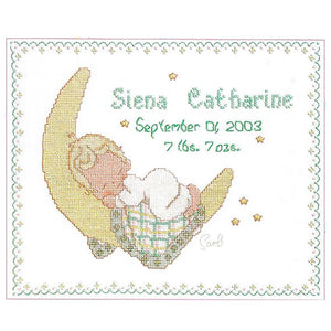 Kit d'annonce de naissance de bébé endormi sur une lune au point de croix compté Vintage Precious Moments ou tableau de motifs PDF Instructions Prière de bébé 14" x 11" Vintage Janlynn 131-0106