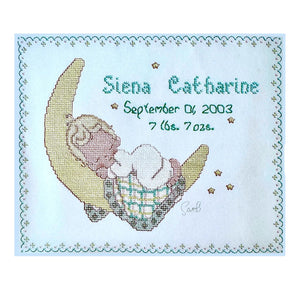 Precious Moments Stamped Cross Stitch Baby Sleeping on a Moon Birth Announcement Kit Or PDF Pattern Chart Instructions Baby's Prayer 14" x 11" Vintage Janlynn 131-0106