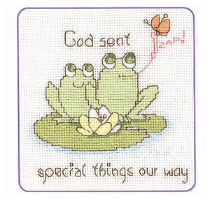 Kit de point de croix Vintage Precious Moments Two Frogs « Dieu nous a envoyé des choses spéciales » ou instructions graphiques PDF