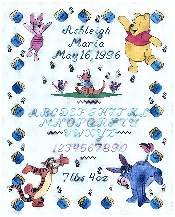 Vintage New Disney Catalog Winnie The Pooh Alphabet Counted Cross Stitch Kit or PDF Pattern Chart Instructions Keepsake Baby Birth Announcement Record Sampler 1996