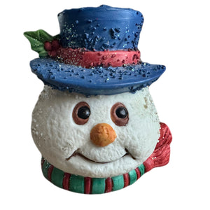 Cute Frosty The Snowman Shaped Head Christmas Hat Taper Candle Holder with Scarf & Holly Glitter 3" Vintage Candlestick