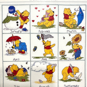 Vintage New Walt Disney Winnie The Pooh Bear Calendar Year Months Seasons Counted Cross Stitch Kit or PDF Chart Pattern Instructions Debbie Minton H12