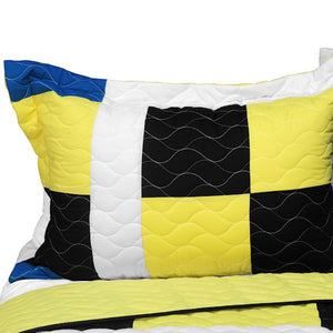 Black White Yellow Blue Block Patchwork Boys Bedding Full/Queen Quilt Set Teen Modern Bedspread