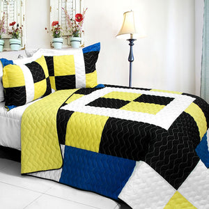 Black White Yellow Blue Block Patchwork Boys Bedding Full/Queen Quilt Set Teen Modern Bedspread