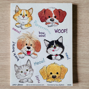 Vintage Rare Suzy’s Zoo Wags and Whiskers Cats and Dogs Faces Stickers Single Sheet 4.5" x 6"