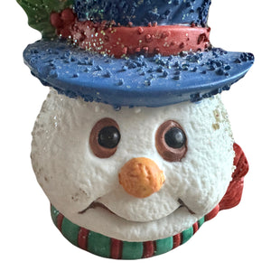 Cute Frosty The Snowman Shaped Head Christmas Hat Taper Candle Holder with Scarf & Holly Glitter 3" Vintage Candlestick