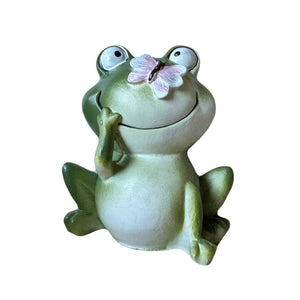 Smiling Happy Green Frog 4" Figurine Resin Statue with small Ladybug, Dragonfly, Butterfly - Spring / Summer Decoration for Tier Tray Home or Garden Decor