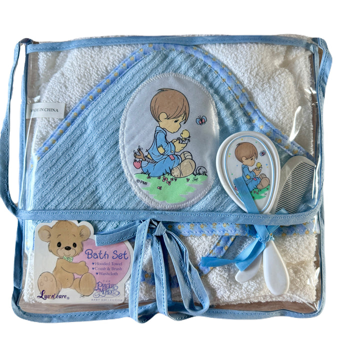 Vintage New 4-PC Precious Moments Blue & White Infant Baby Hooded Cotton Bath Towel - Washcloth - Comb & Hair Brush Gift Set With Boy Appliqué 27.5" x 30"