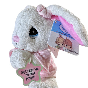 Vintage Rare Talking Precious Moments 9" Baby White & Pink Girl Bunny Rabbit Plush Soft Rag Doll Says Lord's Bedtime Prayer Pal Collectible Stuffed Animal Praying Toy