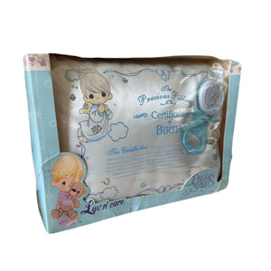 Vintage Satin Precious Moments Angels Luxury Baby Birth Certificate Keepsake Pillow 12" x 9" & Rattle Baby Shower 2pc Gift Set with Rattle Angel Girl & Boy