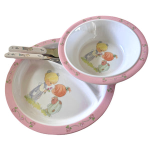 Precious Moments Boy & Girl Mealtime Feeding Gift Set - Child 4 Piece Pink or Blue Plate Bowl Spoon Fork Baby Shower Gift