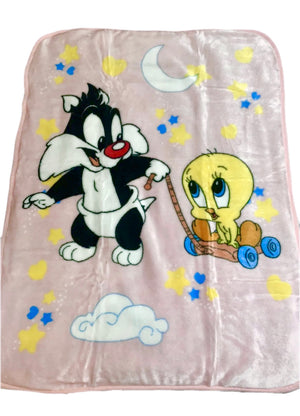 RARE Vintage NEW Baby Looney Tunes Pink Sylvester Cat & Tweety Bird Baby Fleece Minky Plush Crib Blanket 30" x 41" Printed Throw 2000 Moon & Stars with Gift Box