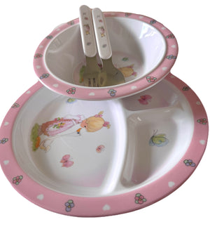 Coffret cadeau repas pour garçon et fille Precious Moments - Enfant 4 pièces rose ou bleu Assiette Bol Cuillère Fourchette Cadeau de fête prénatale