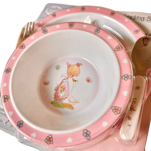 Coffret cadeau repas pour garçon et fille Precious Moments - Enfant 4 pièces rose ou bleu Assiette Bol Cuillère Fourchette Cadeau de fête prénatale