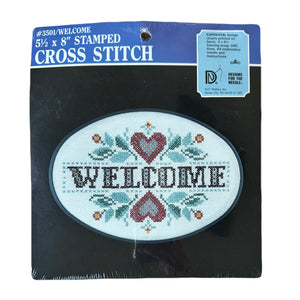 Rare Vintage Welcome Sign Stamped Cross Stitch Kit Flowers Leaves & Hearts Oval Shape with Frame 5.5” x 8" DMC Designs for the Needle by Lois Thompson
