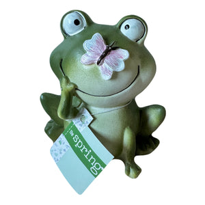 Smiling Happy Green Frog 4" Figurine Resin Statue with small Ladybug, Dragonfly, Butterfly - Spring / Summer Decoration for Tier Tray Home or Garden Decor