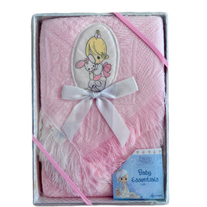 New Vintage Precious Moments Pink Baby Blanket Baby Shower Boxed Gift Girl with Bunny Shawl Afghan Crib Throw 2002