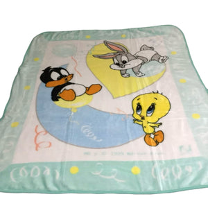 Vintage Rare Baby Looney Tunes Bugs Bunny Tweety Duffy Duck Infant Crib / Toddler Blanket Luxury Plush Throw 43" x 51" Balloons Heart & Moon 1999 with Gift Box