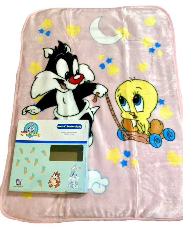 RARE Vintage NEW Baby Looney Tunes Pink Sylvester Cat & Tweety Bird Baby Fleece Minky Plush Crib Blanket 30" x 41" Printed Throw 2000 Moon & Stars