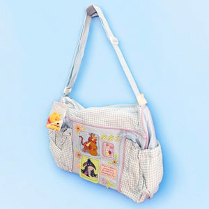 Nueva bolsa de pañales vintage grande para bebé con cuadros vichy azules de Winnie The Pooh y bolsillos ajustables