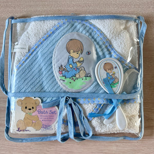 Vintage New 4-PC Precious Moments Blue & White Infant Baby Hooded Cotton Bath Towel - Washcloth - Comb & Hair Brush Gift Set With Boy Appliqué 27.5" x 30"