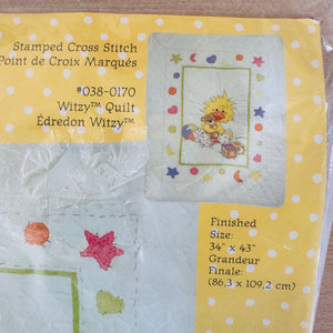 Vintage Little Suzy's Zoo Yellow Duck with Bear Toy Stamped Cross Stitch Baby Quilt Blanket Kit or PDF Pattern Instruction Chart Witzy Duckling with Teddy Bear Keepsake Gift 34" x 43" Stars Moons Hearts 1999