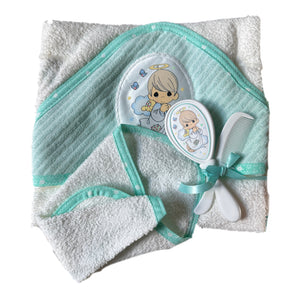 Vintage New 4-PC Precious Moments Green & White Infant Baby Hooded Cotton Bath Towel - Washcloth - Comb & Hair Brush Gift Set With Angel Appliqué 27.5" x 30"