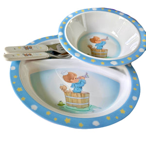 Coffret cadeau repas pour garçon et fille Precious Moments - Enfant 4 pièces rose ou bleu Assiette Bol Cuillère Fourchette Cadeau de fête prénatale