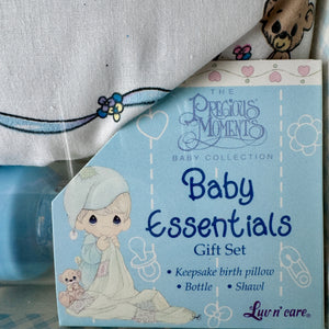 New Vintage Precious Moments Blue Baby Blanket with Boy & Bear 3-Piece Boxed Gift Set - Shawl, Keepsake Pillow, Baby Bottle - 2002 by Luv n'Care