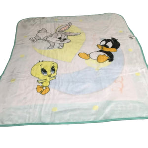 Vintage 2000 Rare Baby Looney Tunes Bugs Bunny Tweety Duffy Duck Infant Crib / Toddler Blanket Luxury Plush Throw 43" x 51" Balloons Heart & Moon