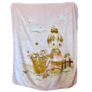 Couverture vintage Precious Moments pour bébé, petite fille, chiens, chiots, joyeux donneur, peluche de luxe Raschel, velours épais, Minky, 39" x 42"