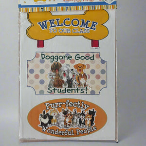 Ensemble de grands tableaux d'affichage vintage et rare Suzy's Zoo Wags &amp; Whiskers Cats &amp; Dogs Paw Print « Bienvenue dans notre classe » Produit pour enseignant en classe