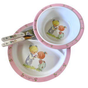 Precious Moments Boy & Girl Mealtime Feeding Gift Set - Child 4 Piece Pink or Blue Plate Bowl Spoon Fork Baby Shower Gift