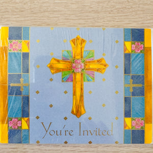 Blue & Gold Cross Baptism Christening First Communion Confirmation Religious Invitation Cards 8 CT