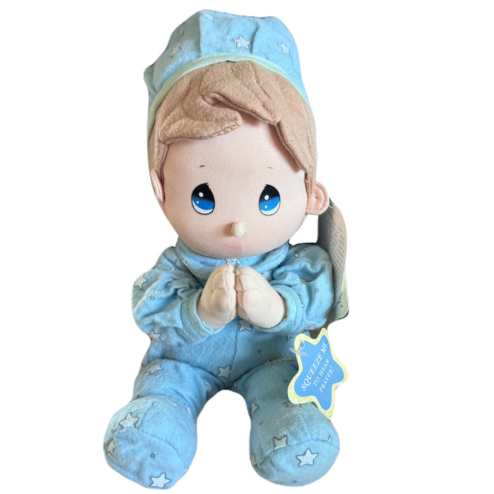 Vintage Talking Precious Moments 9" Baby Boy Plush Soft Rag Doll Says Lord's Bedtime Prayer Pal Praying Toy in Blue Cotton Pajamas Shower Gift