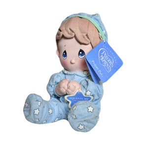 Vintage Talking Precious Moments 9" Baby Boy Plush Prayer Pal Doll Soft Rag Bedtime Praying Toy in Blue Cotton Pajamas
