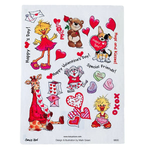 Autocollants vintage rares Suzy's Zoo Hugs and Kisses ! Joyeuse Saint-Valentin pour plusieurs personnages, feuille simple 4,5" x 6"