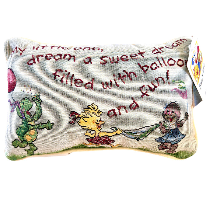 Vintage New Suzy's Zoo Woven Decorative Throw Pillow Baby Child 'My Little One' 5" x 12" USA Running Animals Turtle Duck Marmot - Fun with Balloons - Birthday Gift